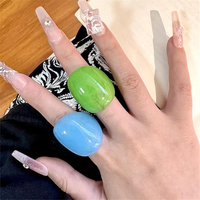 PINK TOWN Resin Chunky Ring, Multicolor Acrylic Stackable Rings Set Vintage Plastic Knuckle Rings Aesthetic Y2k Statement Rings Thick Dome Finger Joint Ring for Women