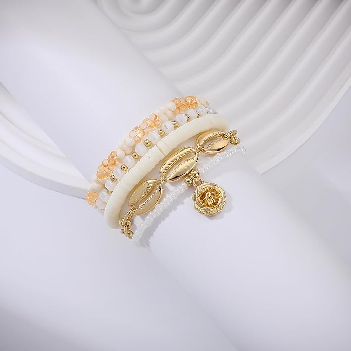 Heishi Beaded Stretch Bracelets for Women Stackable Polymer Clay Beads Bracelets Friendship Boho Summer Beach Bracelet Jewelry Set