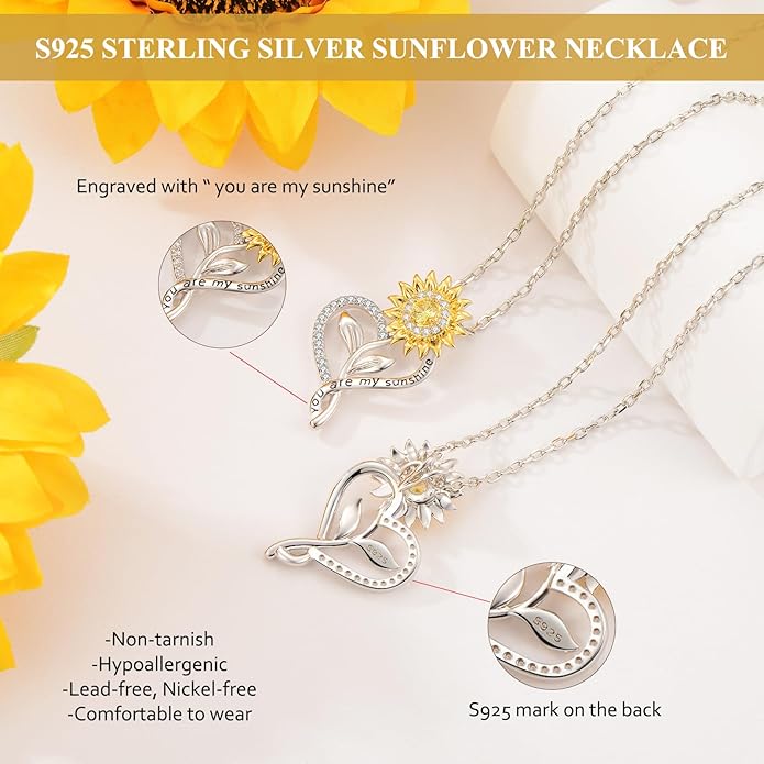 Valentine's Day Gifts for Her - 18K Gold Plated Sunflower Necklaces for Women Gifts for Wife Anniversary Birthday, 925 Sterling Silver Womens Jewelry You Are My Sunshine Gift for Wife Daughter