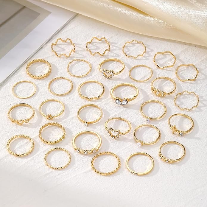 19-36 Pcs Gold Boho Knuckle Rings Set for Women, Vintage Stackable Dainty Joint Finger Gold Jewelry Set with Love Pearl and Sparkling Crystals