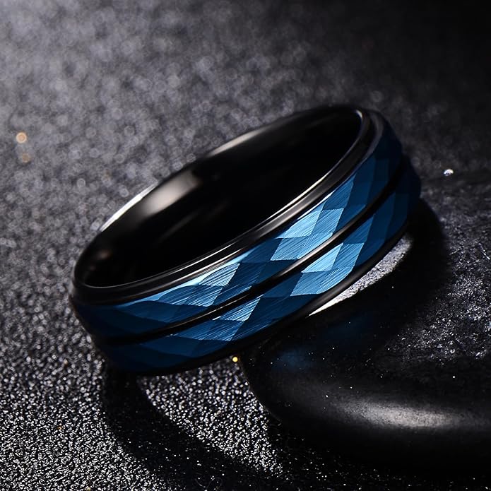| Faceted Rail Band - 8mm Wide Black Tungsten Wedding Ring with Blue Texture