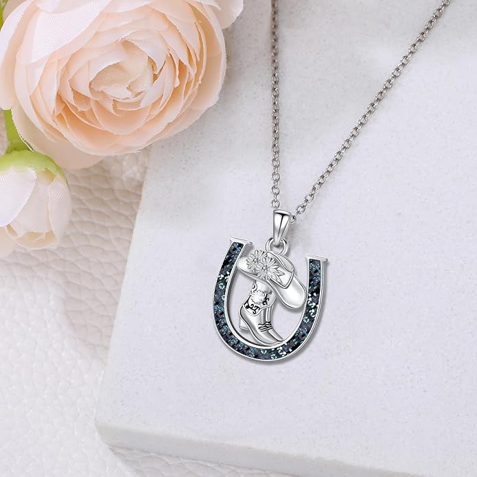 Western Cowboy Necklace 925 Sterling Silver Horseshoe Pendant Western Jewelry Cowgirl Gifts for Women Girlfriend Cowboy Cowgirl
