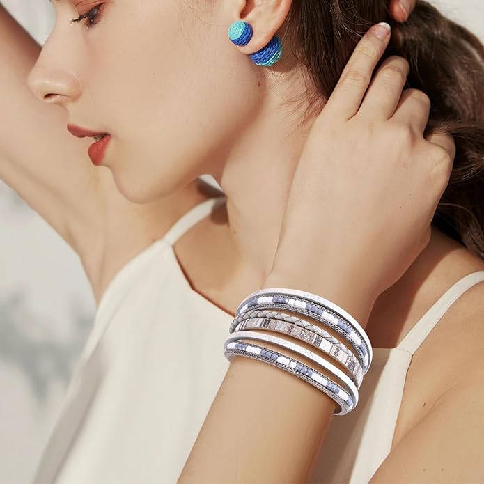 Wrapped Bracelets for Women,Leather Bracelet,Boho Bracelets for Women,Multi-Layer Pearl Crystal Bracelet Bangle Jewelry
