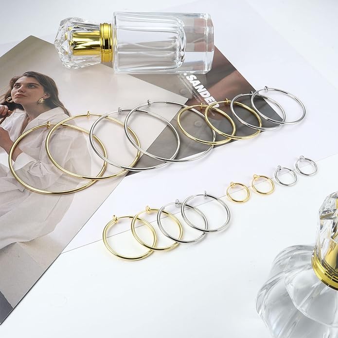 Magitaco 8 Pairs Clip On Hoop Earrings Stainless Steel Clip On Earrings for Women Fake Hoop Earring Spring Hoop Earring For Non-Pierced Ears