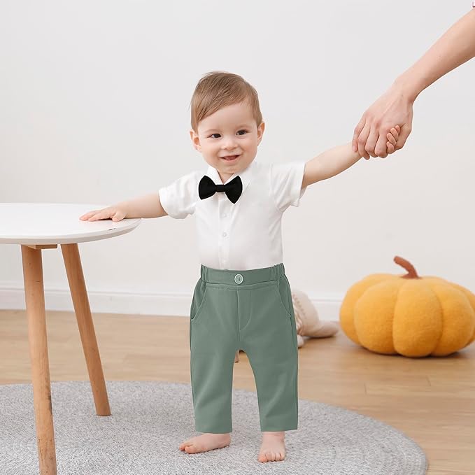 DISAUR Baby Boy Clothes Toddler Boy Outfits 4PCS Gentleman Dress Romper/Vest/Pants/Bow Tie Cotton Suit Sets