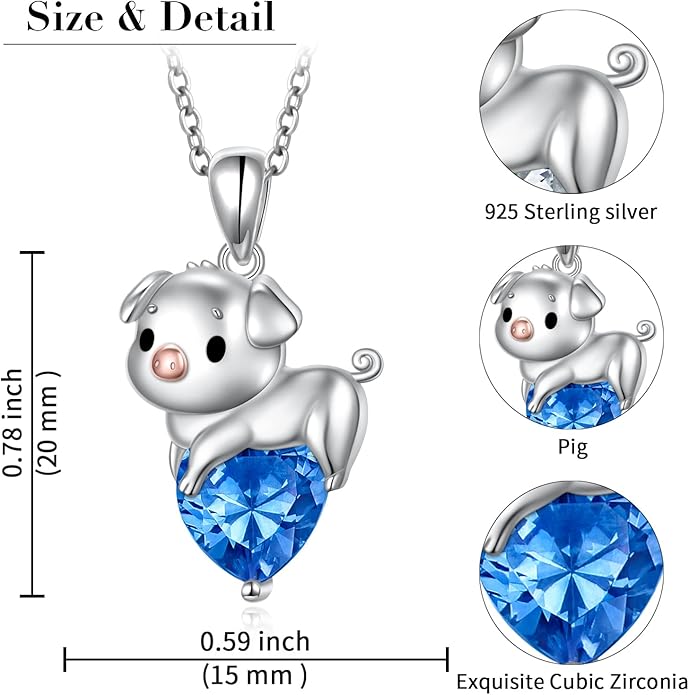FLYOW Pig Necklace 925 Sterling Silver Cute Animal Necklace with Heart Blue CZ Piggy Pendant for Women Friend Pig Lovers Birthday Graduation Valentine's Day Anniversary Christmas Jewelry White/Blue