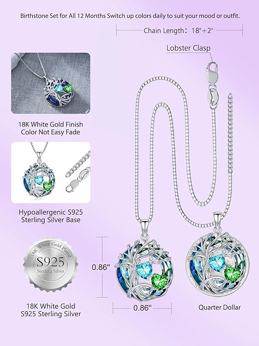 TOUPOP s925 Sterling Silver Family Celtic Tree of Life Pendant Necklaces with 2 Heart Birthstone with Blue Austrian Crystal Jewelry Birthday Valentines Day Gifts for Her, Anniversary Christmas Gifts for Wife Girlfriend Mom (18K Real White Gold Filled)