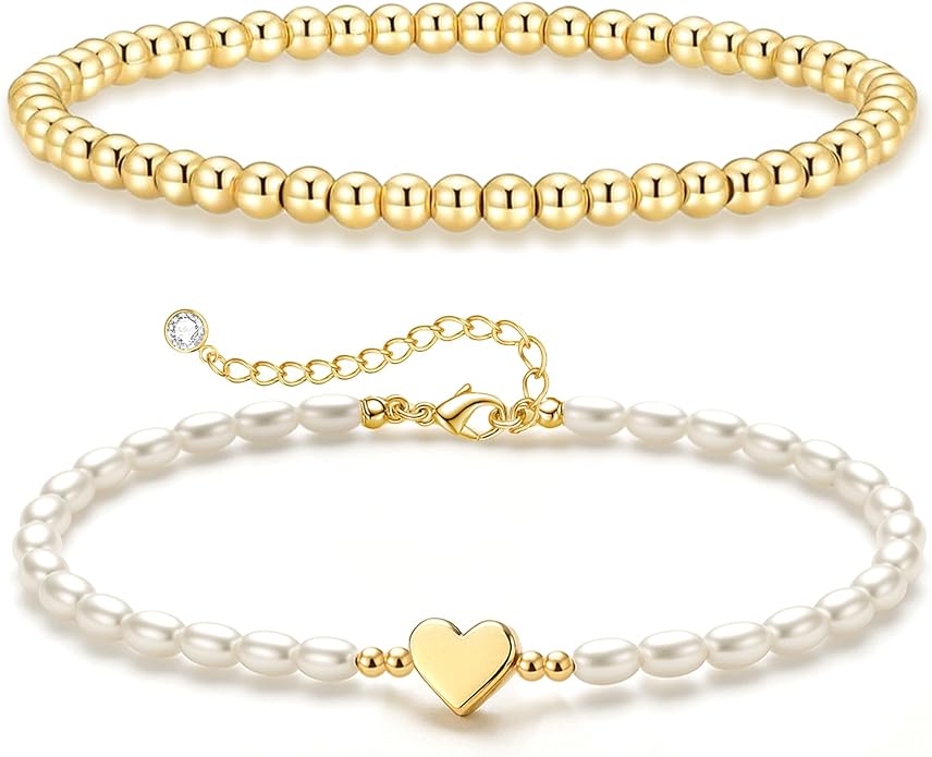 Zeffy Gold Pearl Beaded Bracelet for Women, 14K Gold Plated Jewelry Set With Paperclip Link Chain, Trendy Stack Bracelets