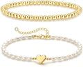 Zeffy Gold Pearl Beaded Bracelet for Women, 14K Gold Plated Jewelry Set With Paperclip Link Chain, Trendy Stack Bracelets