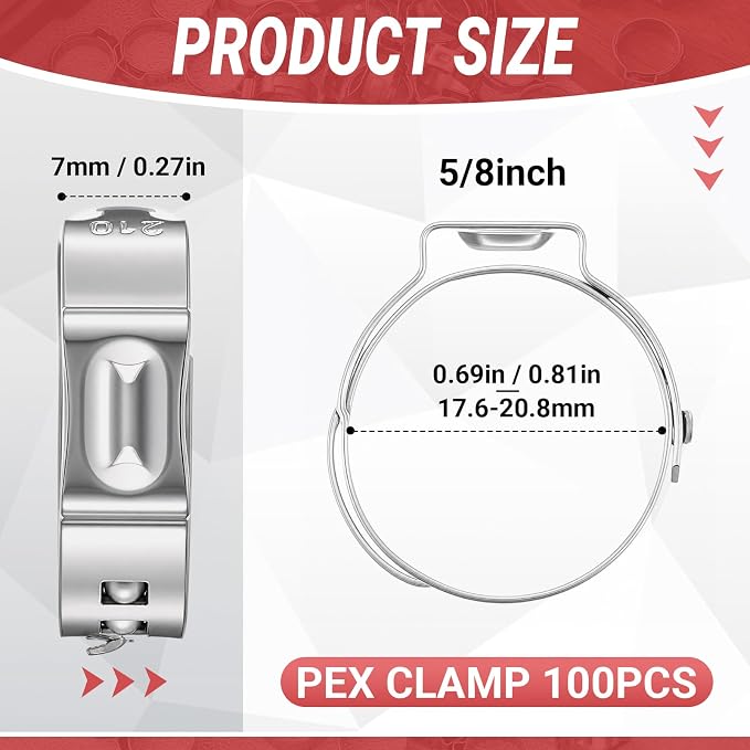 100 Pcs 5/8 Inch Pex Cinch Clamps, 304 Stainless Steel Crimp Rings Single Ear - Image 2