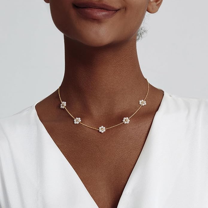 OGD Gold Pearl Necklaces Set for Women 14K Gold Plated Dainty Layered Pearl Cute Daisy Pearl Choker Gold Necklace Gifts for Women Gold Trendy Jewelry Gifts