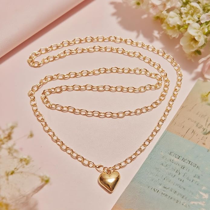 16k Gold Plated Chunky Statement Necklace for Women, Bold Thick Layered Puffy Heart Design, Long Gold Jewelry, Trendy Women's Fashion Necklace
