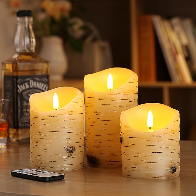 qinxiang Flameless Candles LED Candles Birch Bark Set of 3 Ivory Real Wax - Image 3