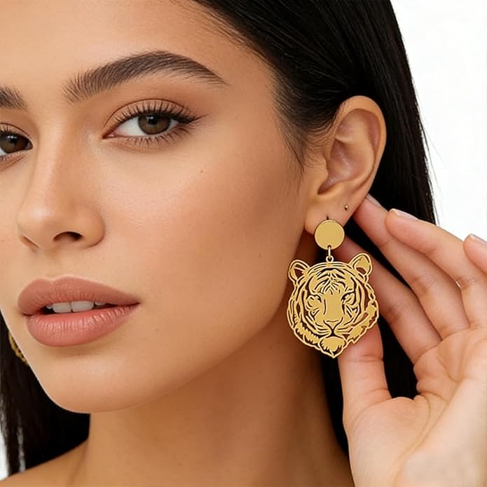 WCRAZYE Tiger Head Earrings for Women, Lightweight Gold, Football Team Spirit Mascot, Animal Inspired Game Day Jewelry