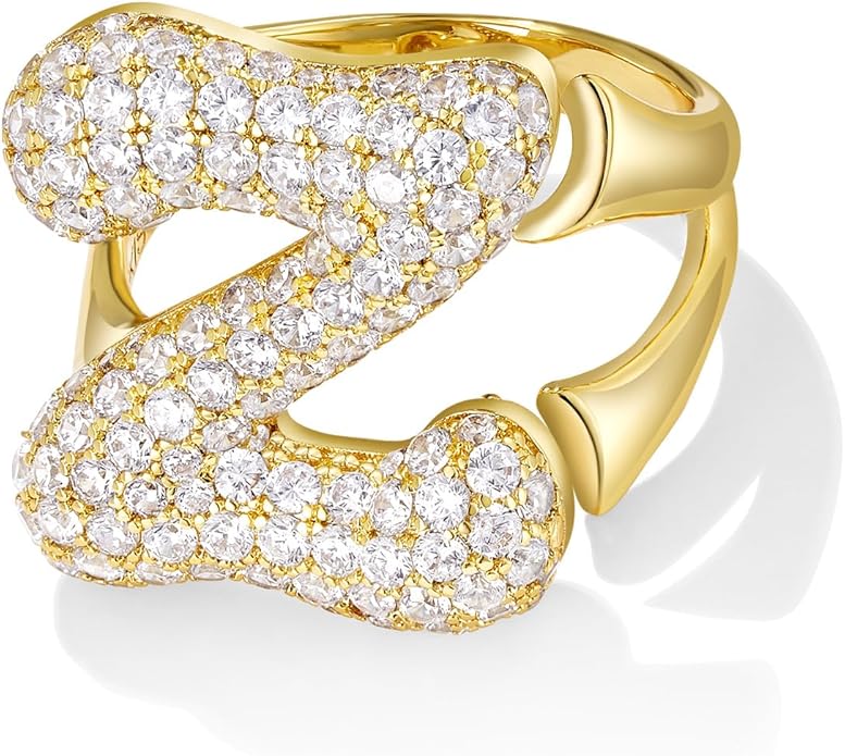 KissYan Bubble Initial Ring Valentines Day Gifts for Women, 14k Gold Plate Balloon Jumbo Letter Rings Open Adjustable Dainty Pave CZ Personalized Fashion Trendy Statement Jewelry