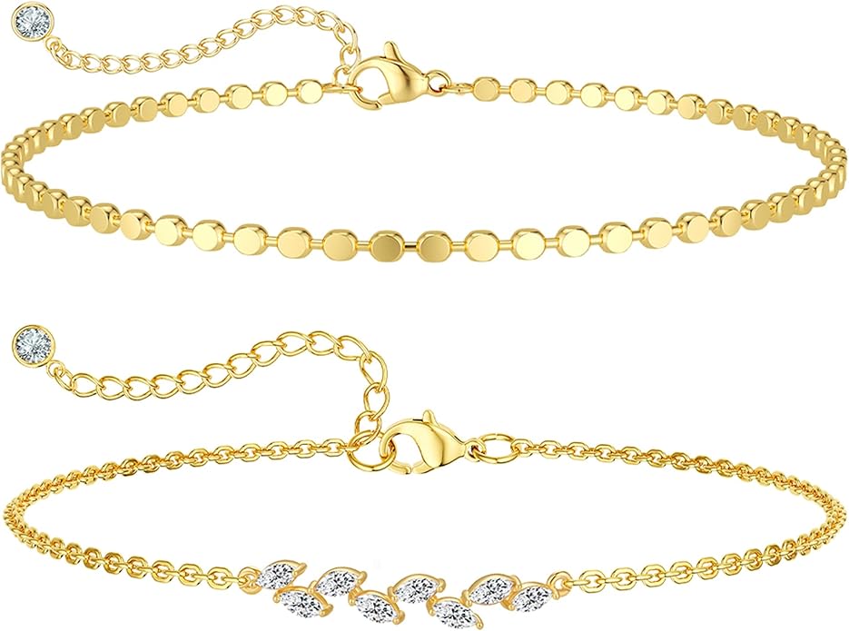 MIDEEO Gold/Silver Ankle Bracelets for Women,14K Gold Anklets for Women Waterproof Cuban Link Heart Beads Herringbone Rhinestone Anklets Set Layered Anklet Bracelets for Women Gold Jewelry Gift