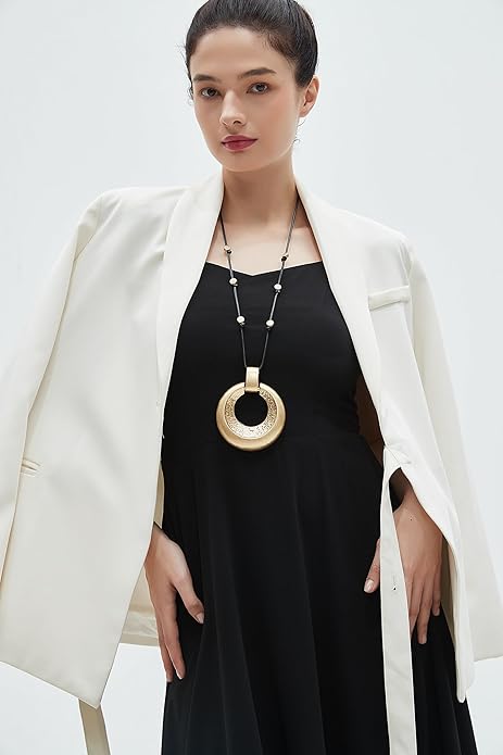 GelConnie Leather Necklace for Women Large Pendant Long Brown Necklace Circle Leather Choker Vintage Sweater Necklace Gold Chunky Boho Necklaces for Women