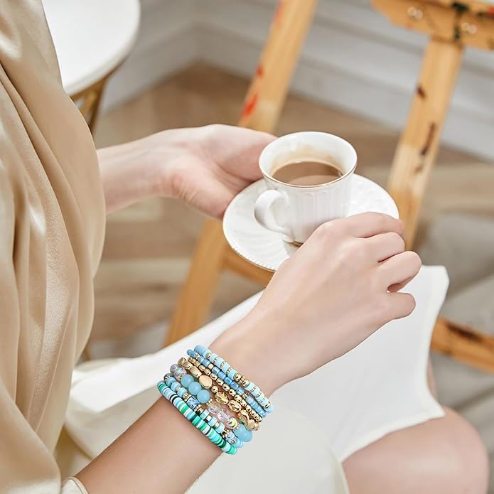 GOOJIDS Surfer Heishi Clay Bead Bracelets for Women Bohemian Stackable Gold Plated Beaded Stretch Bracelets Elastic Layering Friendship Bracelets Set Boho Jewelry