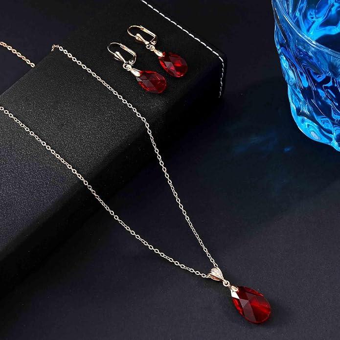 EVEVIC Austrian Crystals Teardrop Pendant Necklace Earrings for Women 14K Gold Plated Hypoallergenic Leverback Drop Dangle Earrings Jewelry Set