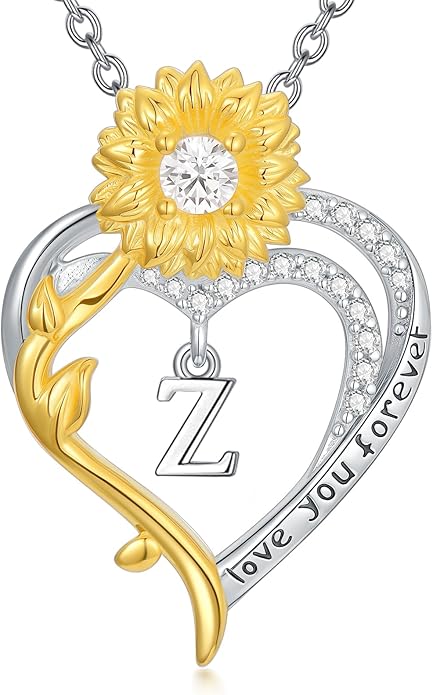 Initial Necklace 925 Sterling Silver Sunflower Heart Letter Pendant Alphabet Anniversary Birthday Jewelry Gifts for Women Mom Girlfriend Wife Her