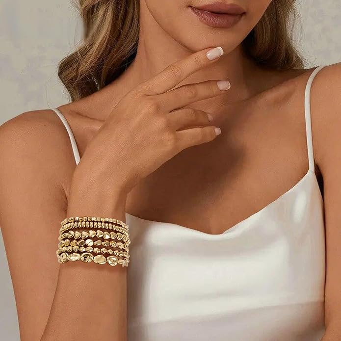 Gold Plated Beaded Bracelets for Women Trendy, 14K Gold Plated Stack Cross Pearl Gold Plated Bead Stretch Bracelets Set Elastic Hypoallergenic Bracelets Jewelry Gifts