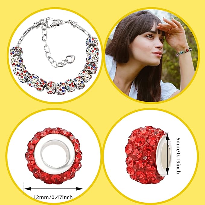 200 PCS European Large Hole Beads Rhinestone Colorful European Beads Crystal Large Hole Craft Beads for DIY Charms Bracelet Jewelry Making