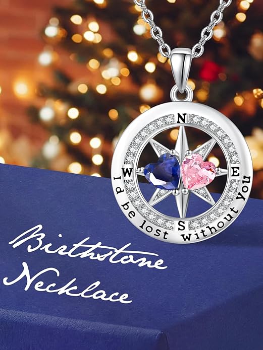 Compass Necklace for Women, Exquisite S925 Valentines Day Anniversary Birthday Gifts for Wife Her Double Birthstone Pendant Jewelry ‘I'd be Lost Without You’