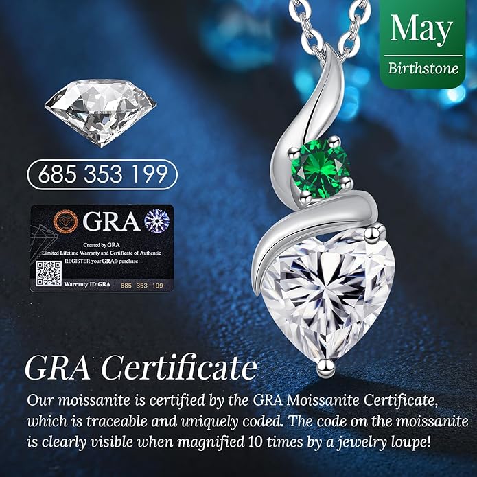 ANDSO Valentine's Day Gift Moissanite Heart Pendant Necklaces for Women, 925 Sterling Silver Necklace with Birthstone, Ideal Anniversary Present or Birthday Jewelry Gifts for Mom Wife Her Girlfriend