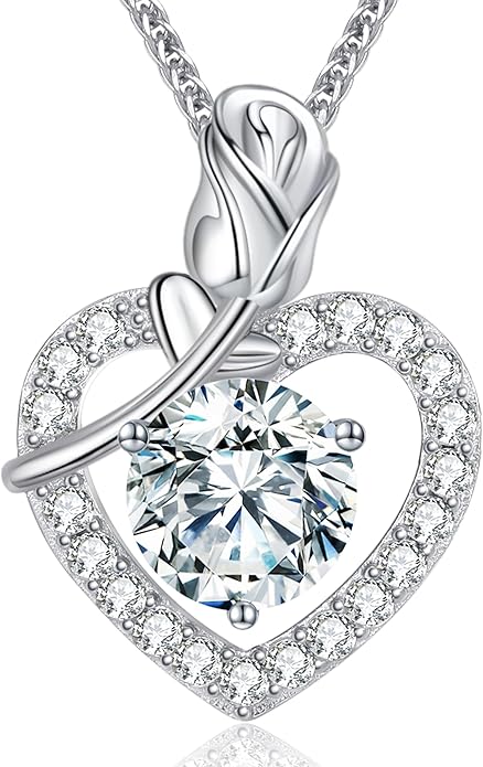Rose Heart Pendant Necklace for Wife, 2-4 Carat Moissanite 925 Sterling Silver Necklace, Wedding Anniversary Present or Birthday Christmas Valentines Day Jewelry for Wife Her Girlfriend Mom Daughter