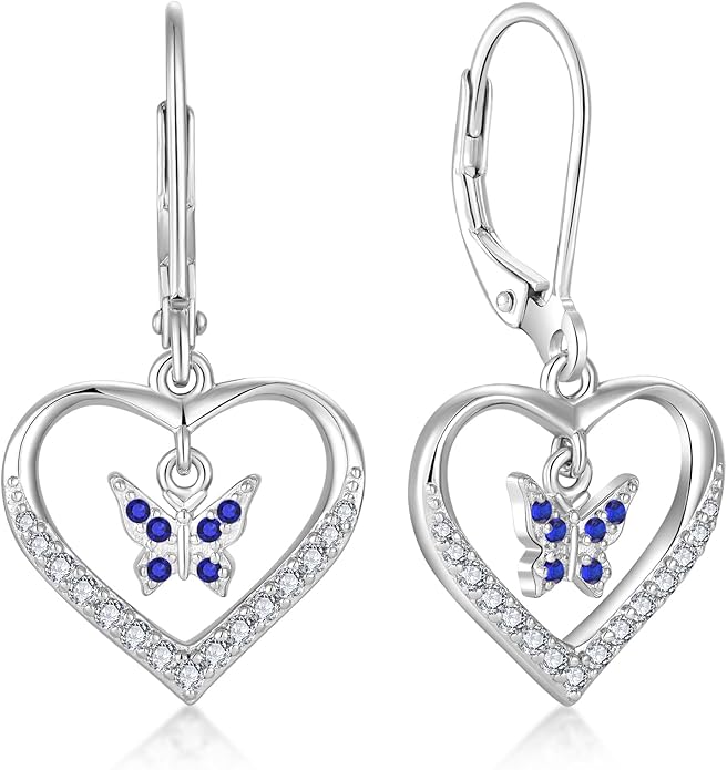 Butterfly Birthstone Heart Dangle Drop Earrings, 925 Strlings Silver 5A Cubic Zircon Leverback Earrings Jewelry Anniversary Birthday Gifts for Women