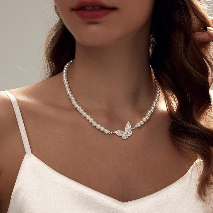 Zeffy Pearl Necklace 4MM/6MM/8MM Dainty Round Imitation Pearl Choker Necklace Wedding Pearl Necklace Delicate Jewelry for Women Simple Bridesmaid Jewelry Gifts