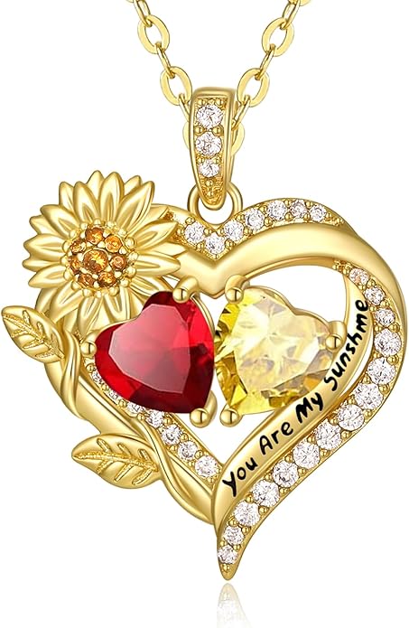 Sunflower Heart Necklace for Women 14K Gold Exquisite Valentines Day Anniversary Birthday Gifts for Wife Mother Her Double Birthstone Pendant Jewelry‘You Are My Sunshine’