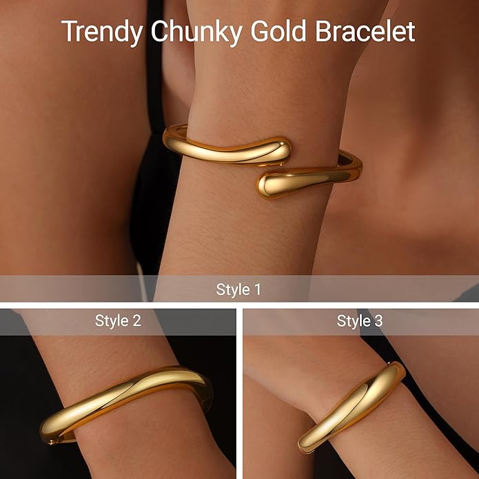Chunky Gold Bangle Bracelets for Women, Premium Zamak 3 Alloy with 14K PVD Vacuum-Ion Plating & Electrophoretic Finish, Ideal for Parties, Weddings, Christmas & Valentine’s Day Gifts