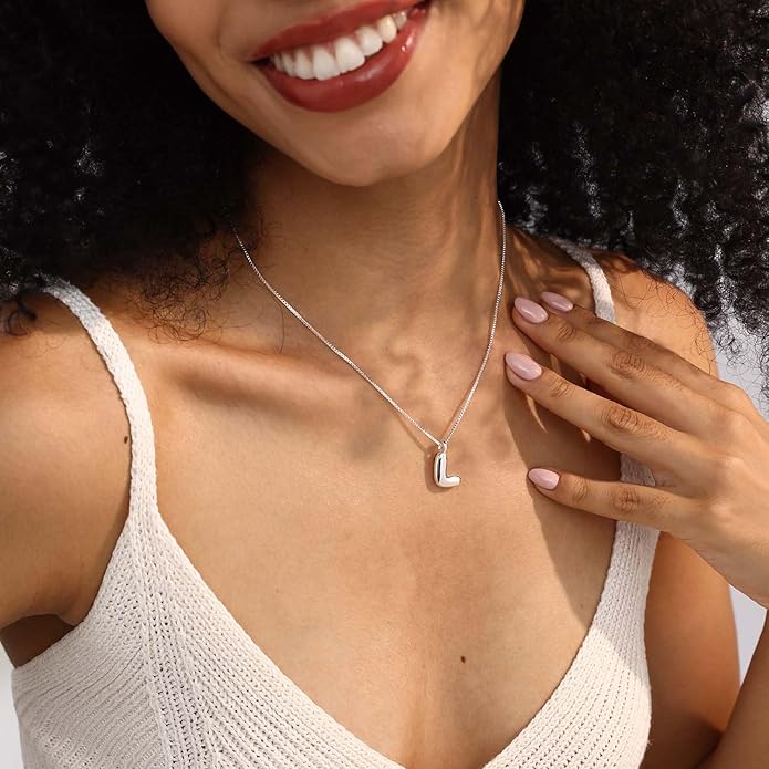 Bubble Gold Silver Letter Necklace Initial Necklaces for Women Trendy 14K Dainty Charm Pendant Name Necklace Personalized Jewelry Gift for Women Teen
