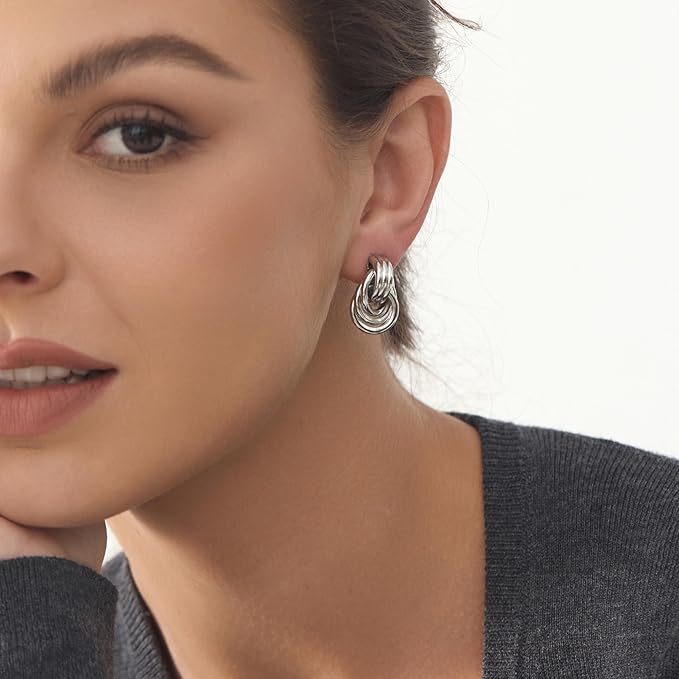 Chunky Silver Knot Link Earrings,Statement Circle Drop Dangle Design, Fashion Jewelry for Women