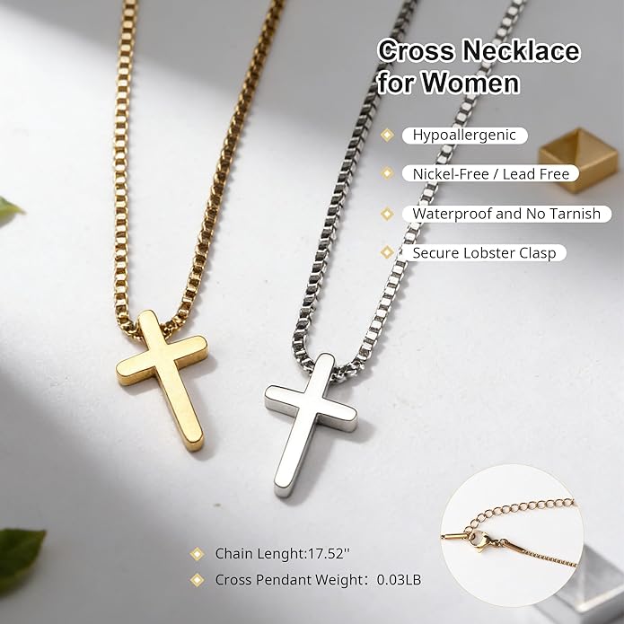 Crown Cross Necklace for Women, 14K Gold Silver Cubic Zirconia Crown Cross Necklace, Diamond Gold Silver Cross Necklaces, Dainty Cross Faith Simple Trendy Charm Jewelry Gift for Women
