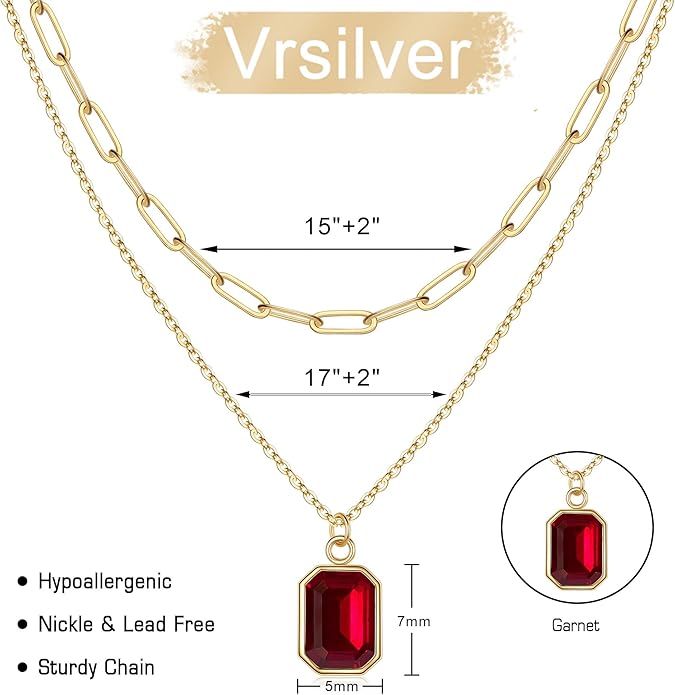 Layered Birthstone Necklace for Women Girls, 14K Gold-Plated Paperclip Chain Choker Necklace with Rectangle Birthstone Pendant Birthday Gifts for Women Girls Dainty Small