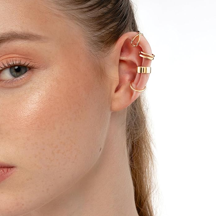 CHIC & ARTSY 925 Sterling Silver Ear Cuffs for Women, Non Piercing Clip On Cartilage Cuffs, Adjustable Fake Conch & Helix Earrings, Gold Plated & Oxidized Various Styles