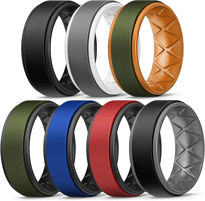 Egnaro Silicone Rings for Men 1/4/5/6/7 Multipack of Breathable Mens Silicone Rubber Wedding Rings Bands - Step Edge