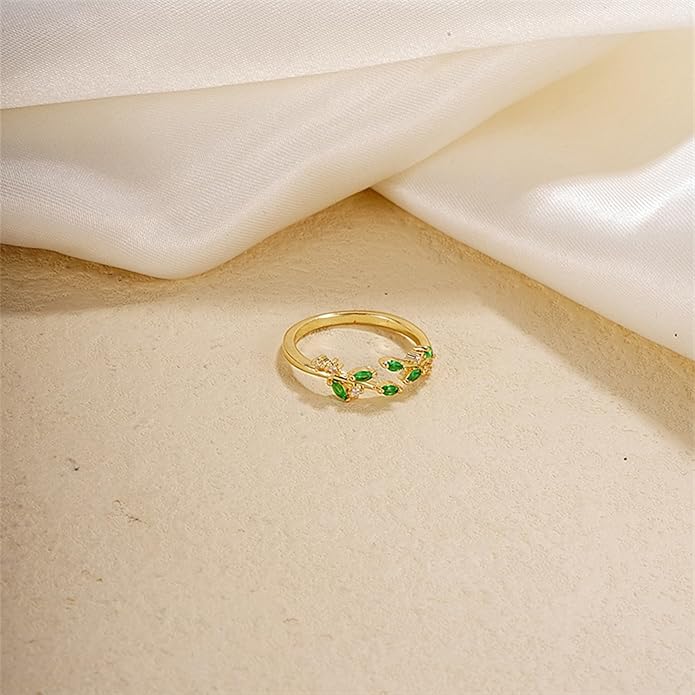 Gold Rings Non Tarnish Silver Adjustable Rings for Women Cubic Zirconia Leaf Ring Dainty Silver Stackable Ring for Women