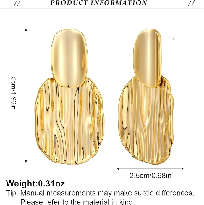 Chunky Gold Earrings for Women - Hammered Gold Plated Dangle Drop Jewelry Gifts