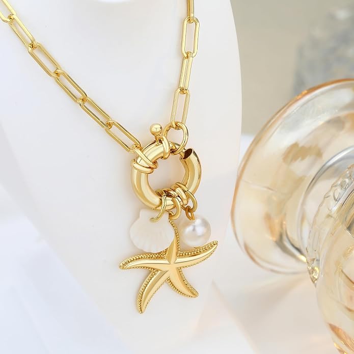 MISS RIGHT Dainty Gold Evil Eye Hamsa Hand Coin Lucky Charm Pendant Necklace for Women Trendy Vintage Paperclip Chain Sun Moon Clover Flower Chunky Charm Necklace Jewelry Gifts