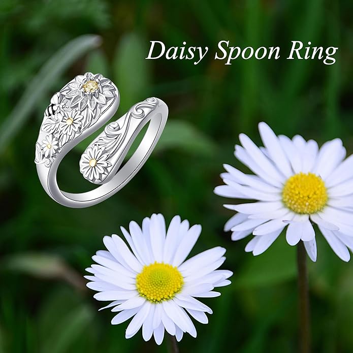Spoon Rings 925 Sterling Silver Adjustable Hummingbird/Shark/Daisy/Tree Of Life/Dragonfly/Witches Knot/Sea Turtle Ring Thumb Rings Birthday Jewelry Gifts for Women Mother