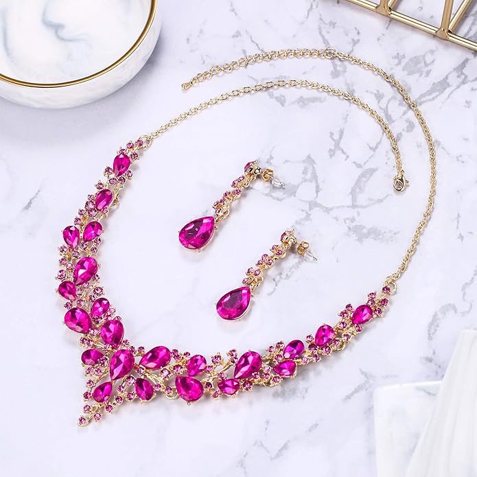 BriLove Women's Wedding Bridal Austrian Crystal Teardrop Cluster Statement Necklace Dangle Earrings Jewelry Set