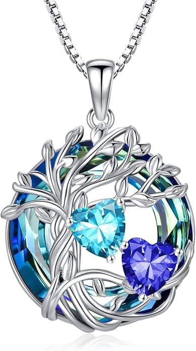 TOUPOP s925 Sterling Silver Family Celtic Tree of Life Pendant Necklaces with 2 Heart Birthstone with Blue Austrian Crystal Jewelry Birthday Valentines Day Gifts for Her, Anniversary Christmas Gifts for Wife Girlfriend Mom (18K Real White Gold Filled)