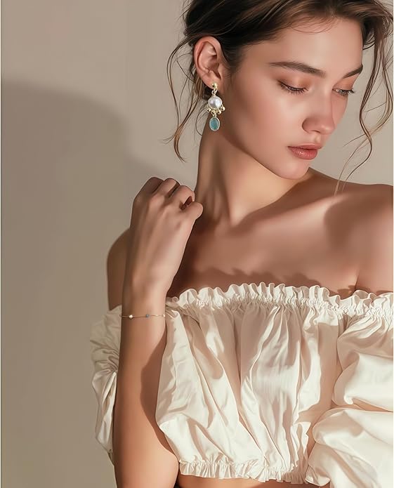 Hupplle Handmade Vintage Boho Dangle Earrings with Natural Stone Crystal Pearl Lightweight Hypoallergenic Elegant Jewelry Gifts for Women