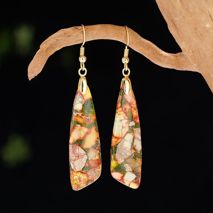 Boho Women Natural Stone Earrings Unique Healing Imperial Jasper Gemstone Energy Hypoallergenic Lightweight Dangle Drop Earrings Multiple Styles Earrings Jewelry for Birthday Party Gift