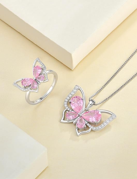 YL Women's Butterfly Necklace 925 Sterling Silver Flower Rose Pendant Birthstone Halo Jewelry