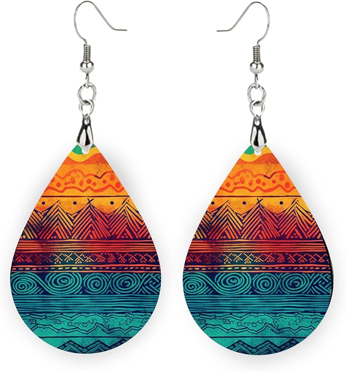 Teardrop Wood Earrings Light Weight Printed Image Dangle Jewelry, Fun and Funky Earrings