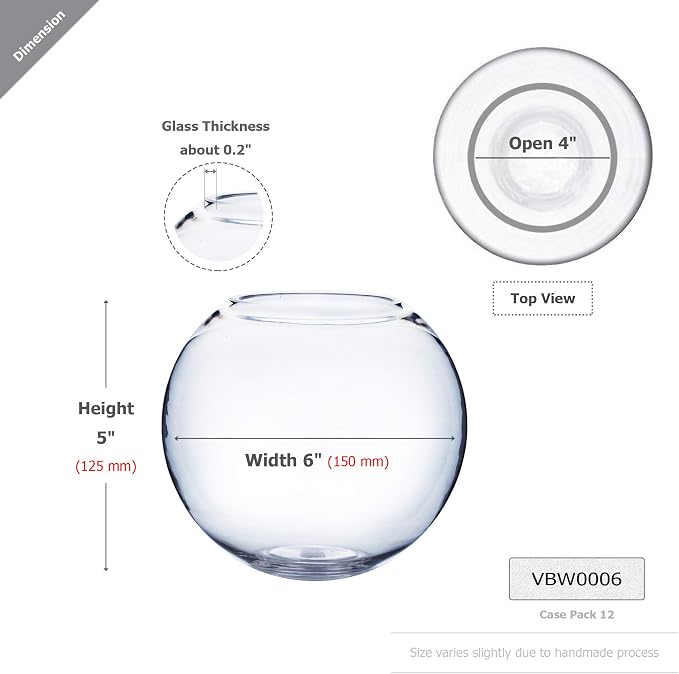 WGV Bowl Glass Vase, Diameter 6", Height 5", Open Width 4", 1 Piece - Image 2